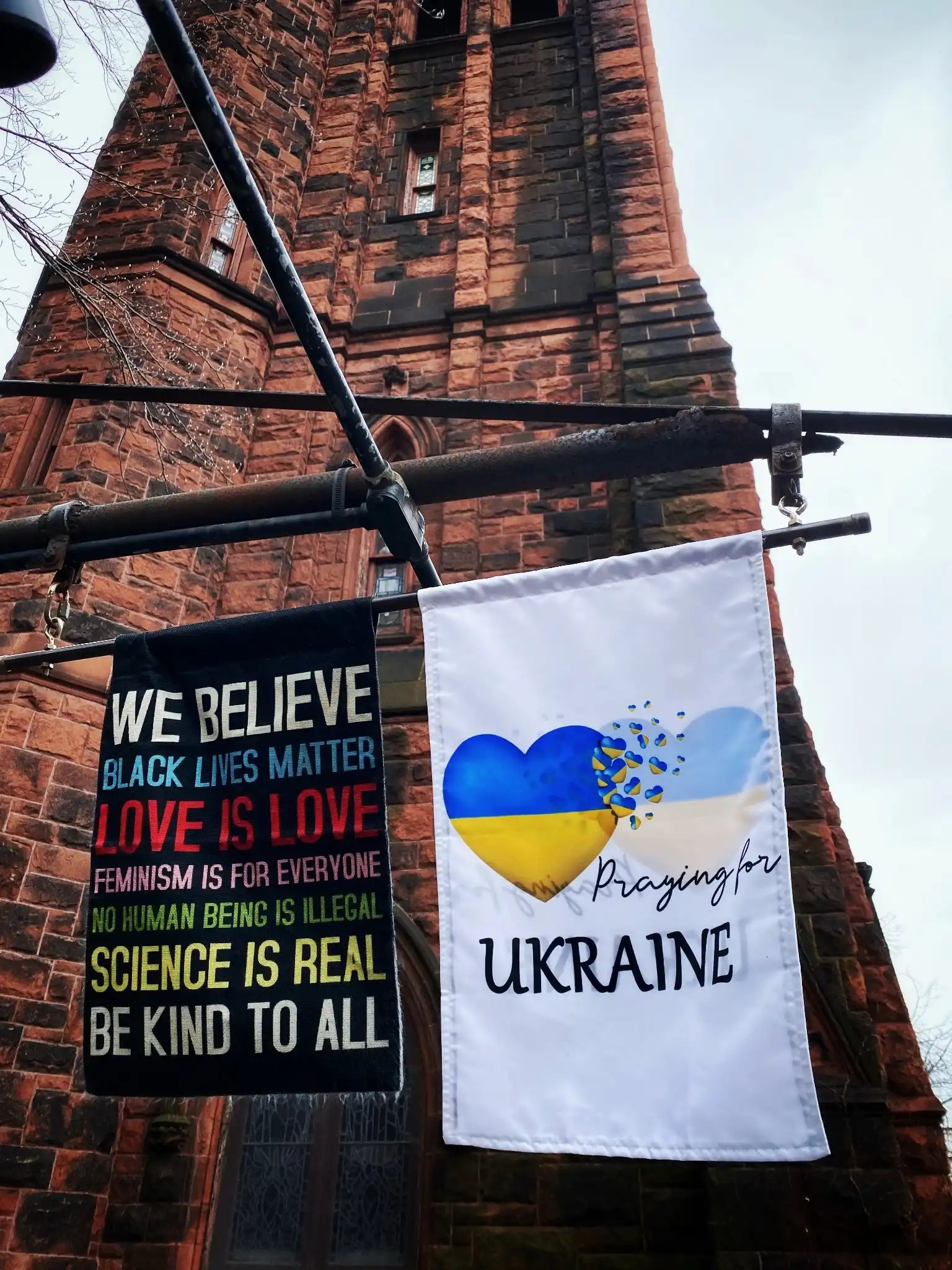 We Believe Ukraine Flags at State Street Church United Church of Christ, Church in Portland, ME
